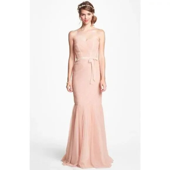 NWT Monique Lhuillier Bridesmaid Strapless Tulle Trumpet Gown Blush Pink SZ 10